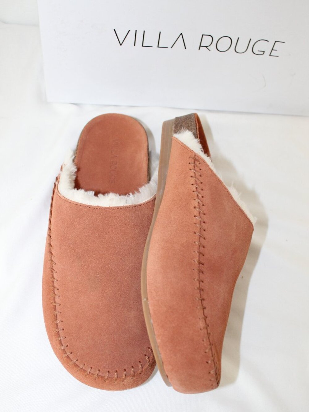NWB Villa Rouge Suede Leather Brown Fur Lined Clogs Mules Slip Ons 9